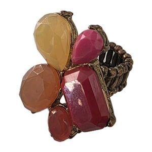 Vintage Lucite Stretch Ring Orange Yellow & Pink Gems W Copper Tone Band